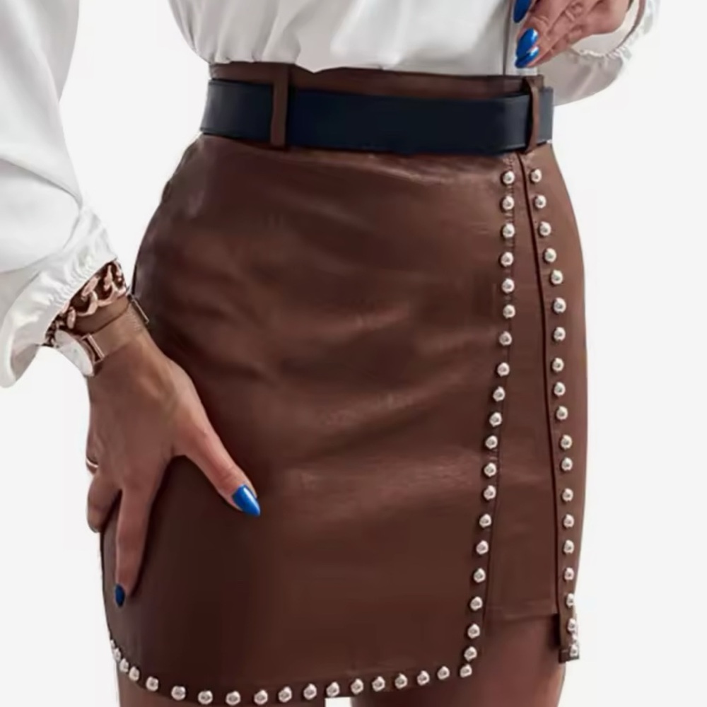 Brown PLeather Mini Skirt funky pencil skirt faux leather size L